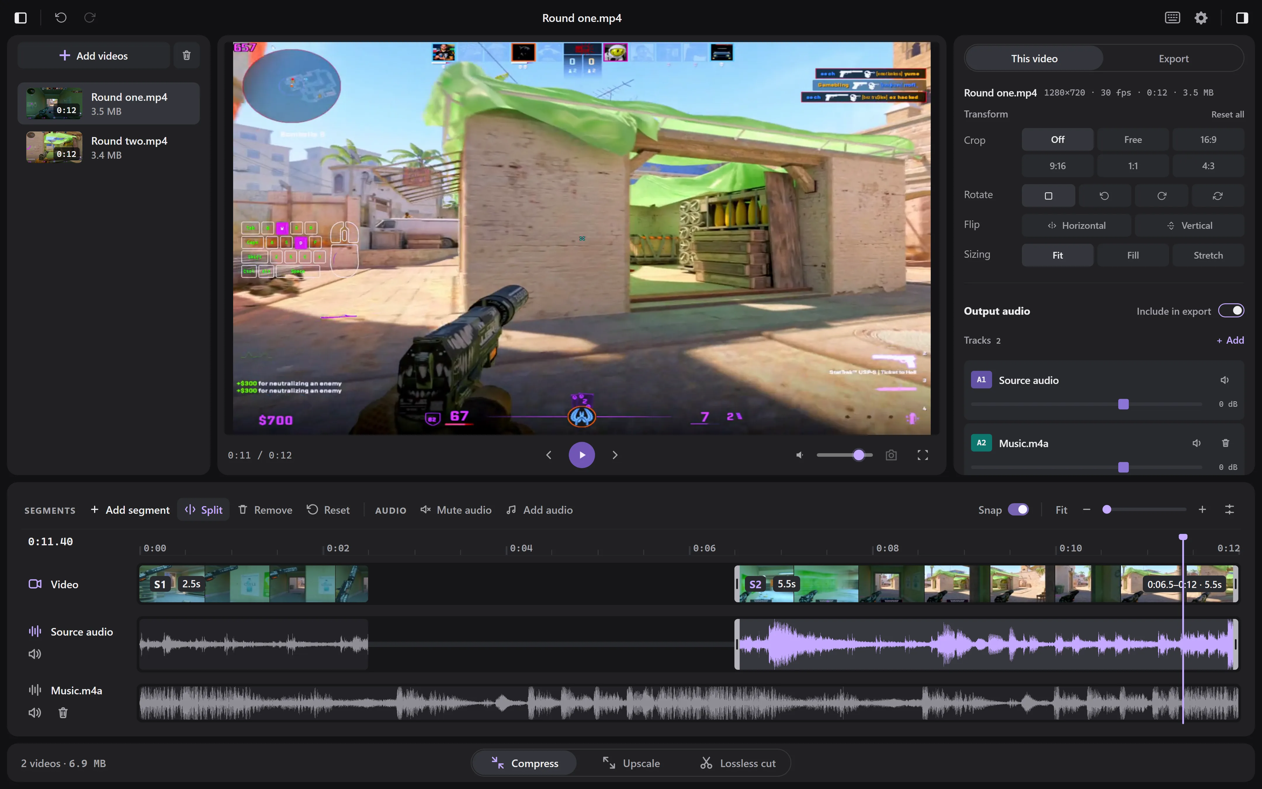 The Tuck editor: two videos in the Library, the player, the Inspector with crop and audio track controls, and a timeline with frames from the video, where the middle of the clip is removed and a music track is added.