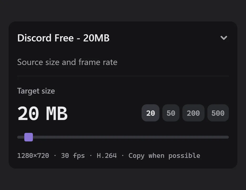 The Export tab with the Discord Free profile and a 20 MB target size, with 20, 50, 200, and 500 MB presets.