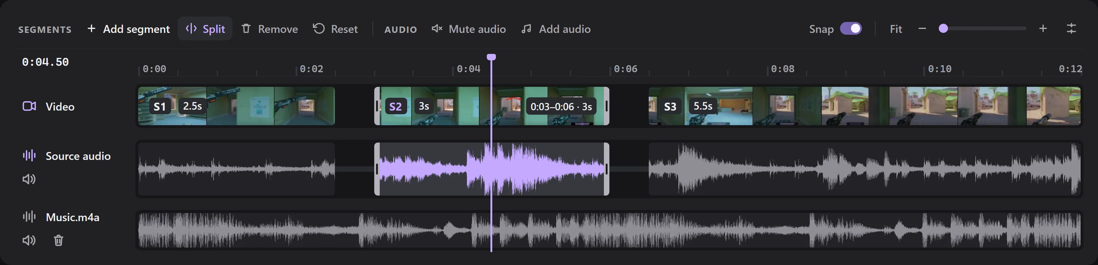 The timeline in three parts with a small gap between each, frames from the video along the video track, the middle part selected to be removed, and a music track under the whole clip.